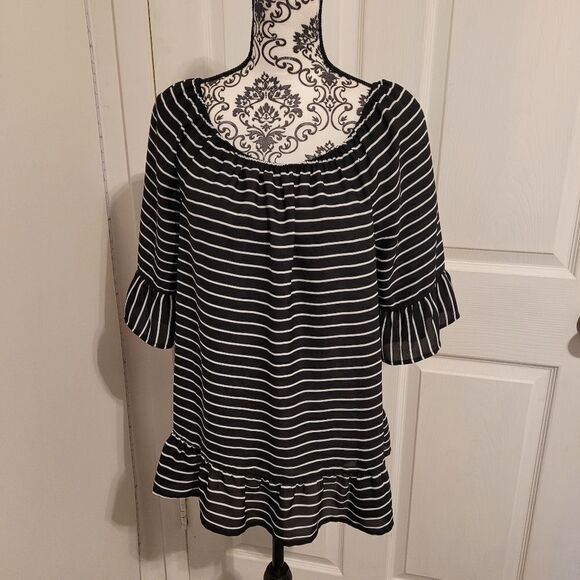 ELLE Womens Blouse Black White Stripe Short Sleeve Off Shoulder Ruched Ruffle - Picture 1 of 6